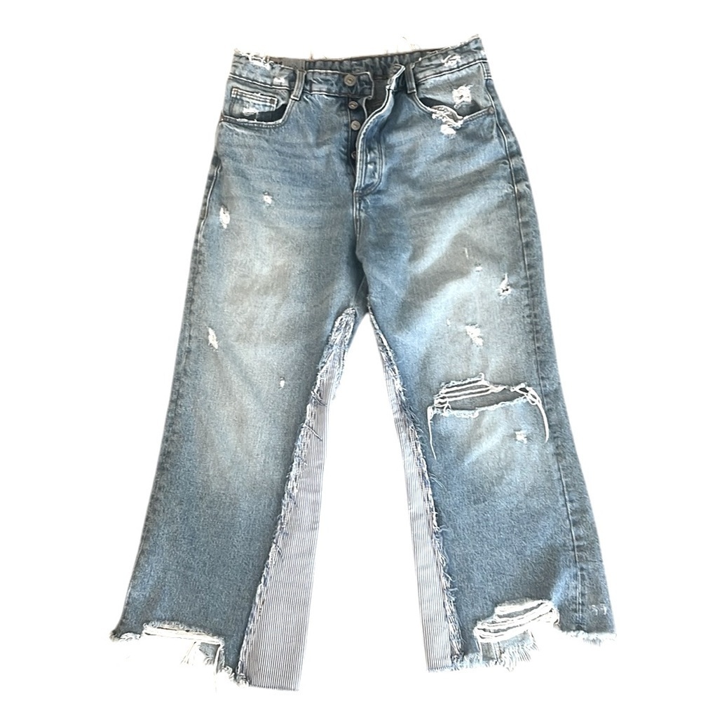 Zara TRF Denim IX’D Makers Button Fly Distressed Pieced Cropped Jeans (2)
